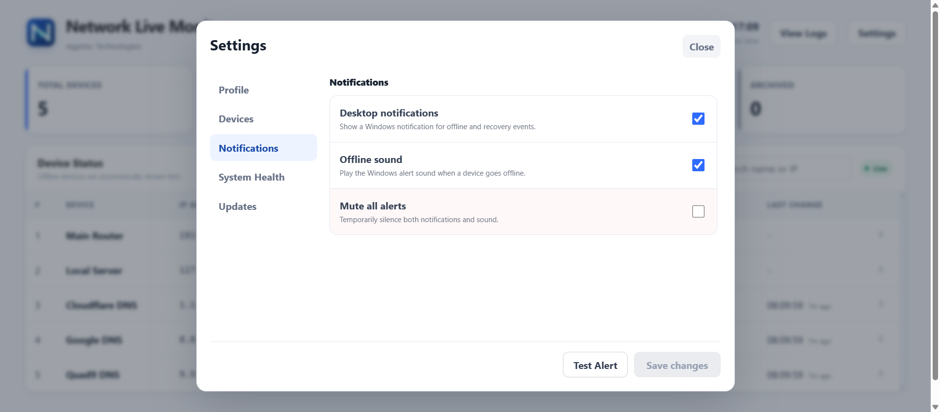 Notification settings for offline, recovery and sound alerts